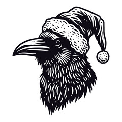 crow wearing a Santa Claus hat Christmas sketch - obrazy, fototapety, plakaty