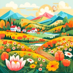 Nature. Cute illustration of landscape, village, countryside, meadow, field of flowers and mountains for poster, Made with generative ai