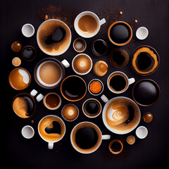 Various types of coffee with different Flavors. Top view of unique Coffee mugs and cups. dark background