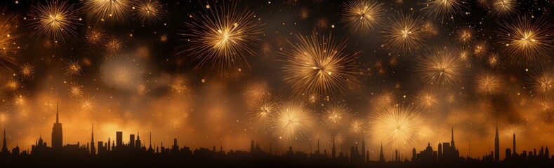Fototapeta na wymiar New year's eve Golden fireworsk over a city silhouette background. New Year celebration, Abstract holiday background