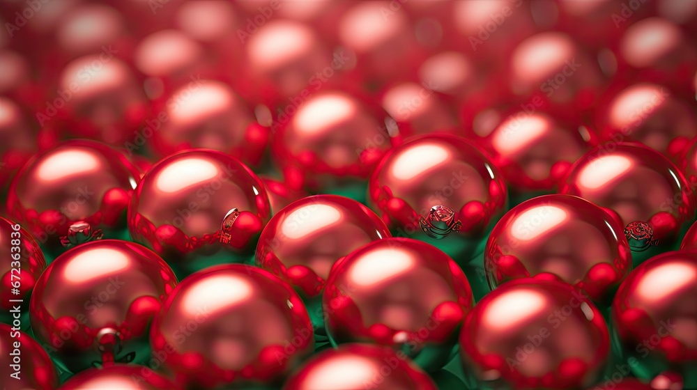 Poster a group of shiny red balls sitting on top of a green field of green grass in front of a red and whit