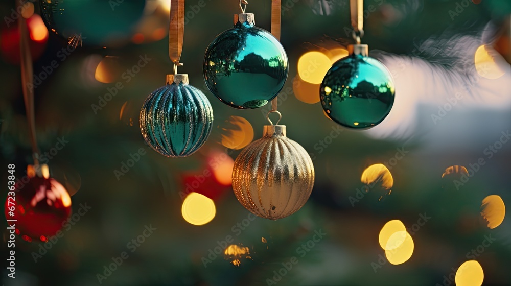 Poster a close up of a christmas tree with ornaments hanging from it's branches and blurred lights in the b