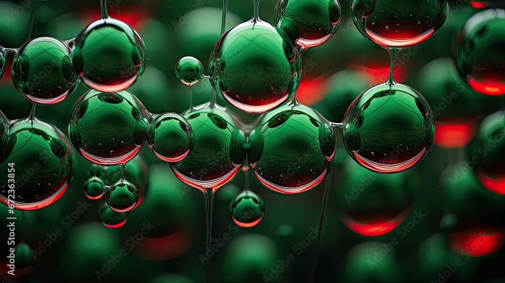 Poster a close up of a bunch of bubbles on a green surface with a red light in the middle of the picture. g