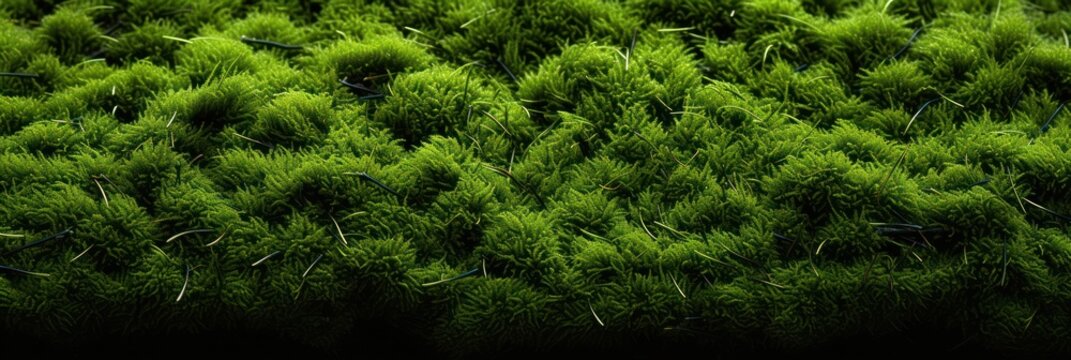 green moss with thin strands of grass, natural light, creating a textured, lush landscape.