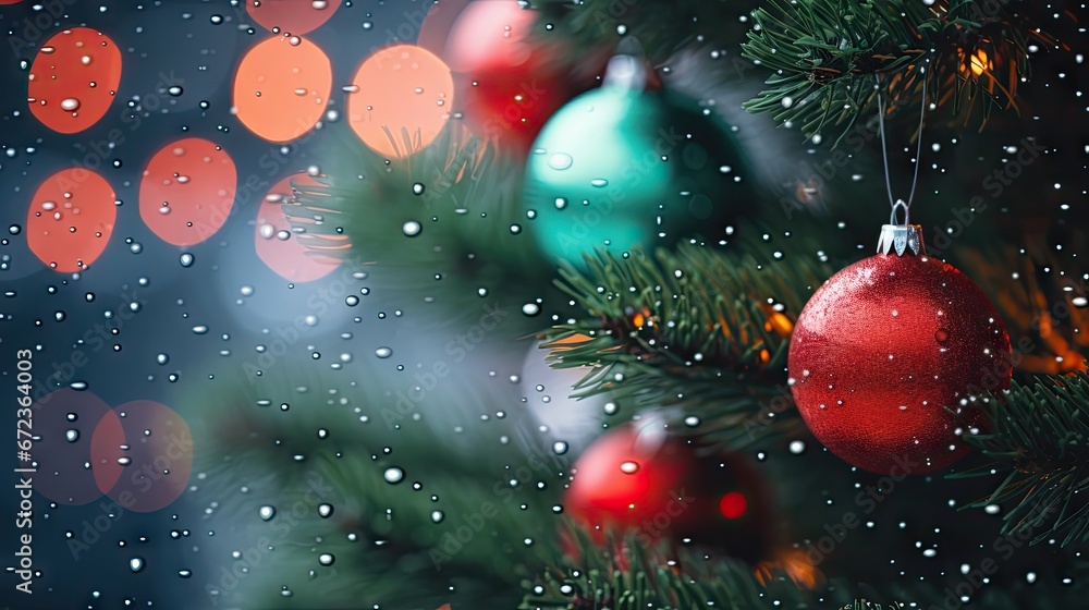 Poster a christmas tree with a red ornament hanging from it's branch and raindrops on the window. generativ