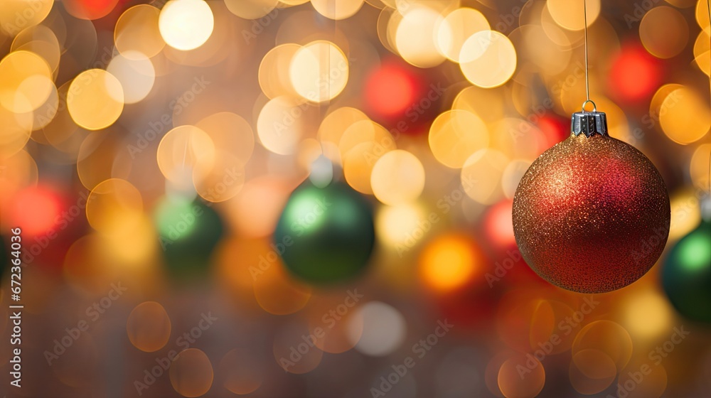 Poster  a red ornament hanging from a string in front of a blurry background of christmas trees and lights.  generative ai