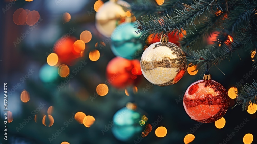 Poster a close up of a christmas tree with a lot of ornaments hanging from it's branches and lights in the 