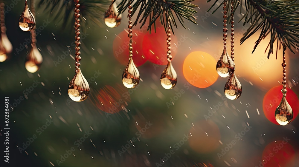 Poster a bunch of raindrops hanging from a tree branch in the rain with blurry lights in the background. ge