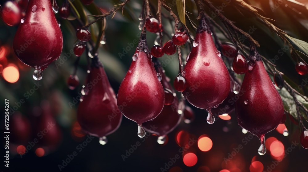 Poster a bunch of fruit hanging from a tree with drops of water hanging from it's leaves and on it's branch