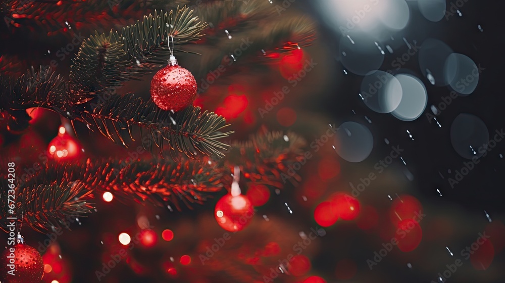 Poster a close up of a christmas tree with red baubles hanging from it's branches in the snow. generative a