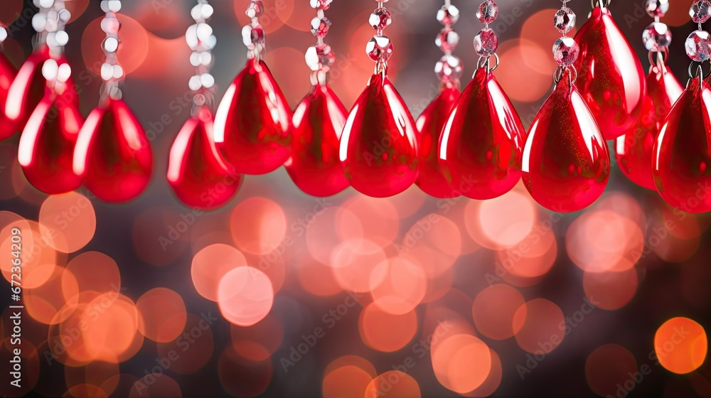 Poster  a close up of a bunch of red hearts hanging from a string on a string with a boke of lights in the background.  generative ai