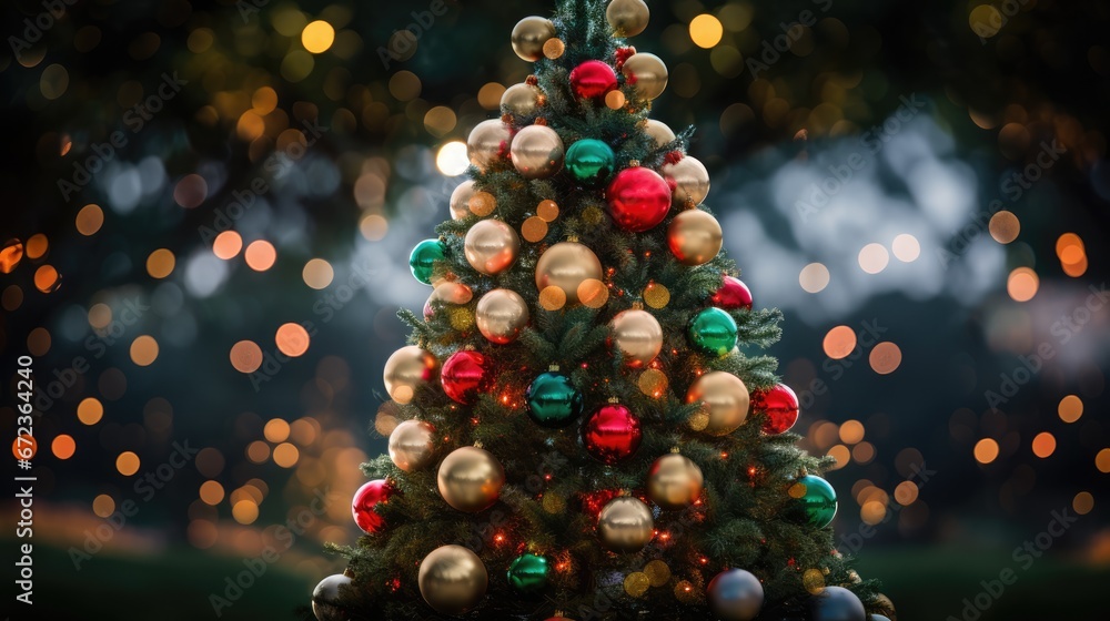 Aufkleber a small christmas tree with a lot of ornaments on it's tree stand in front of a blurry background. g