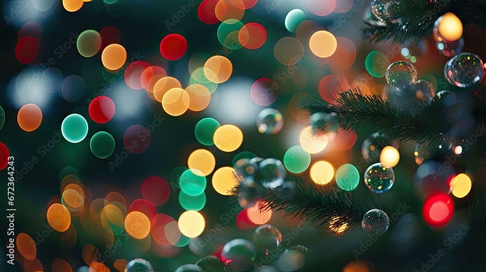 Poster a close up of a christmas tree with a lot of bubbles hanging from it's branches and a lot of lights 