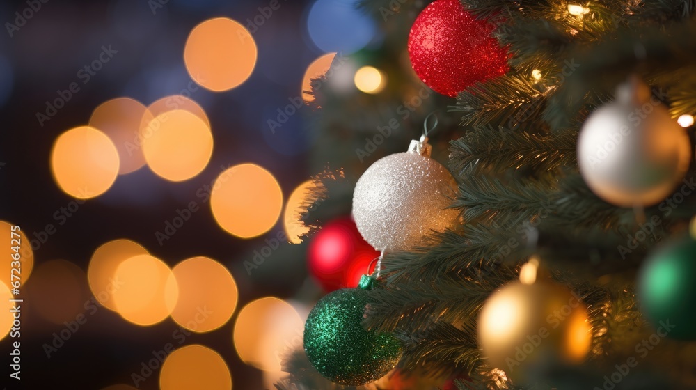 Poster a close up of a christmas tree with a lot of ornaments hanging from it's branches and lights in the 