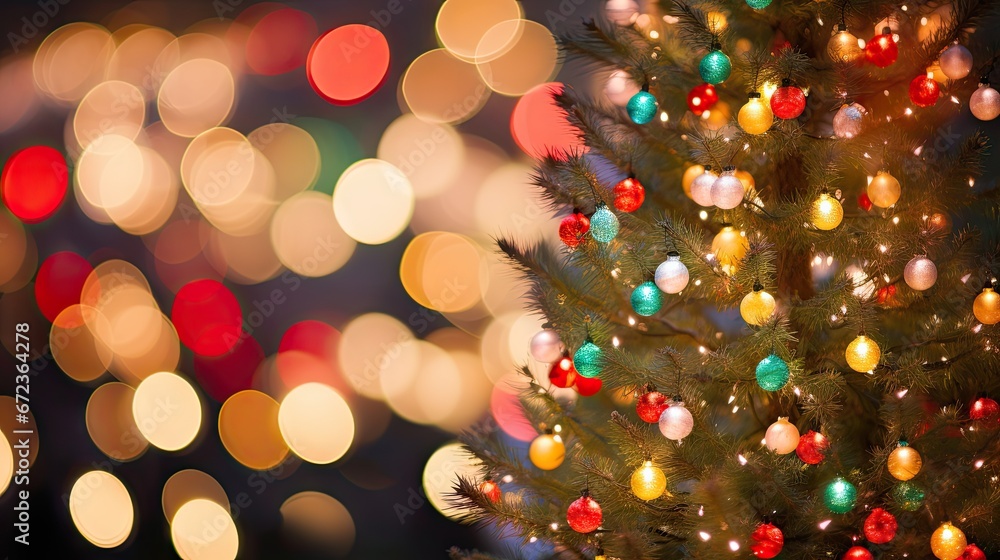 Poster a close up of a christmas tree with a blurry background of lights and a blurry image of a christmas 