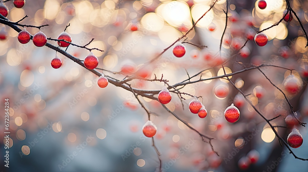 Poster a close up of a tree with small red balls hanging from it's branches and a blurry background. genera