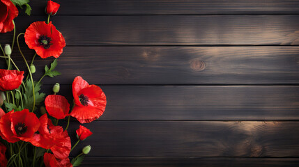 Naklejka na ściany i meble a bunch of red flowers on a wooden background with space for text. generative ai