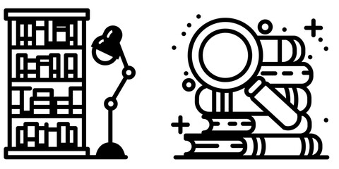 Library, showcasing a bookshelf filled with books and a reading lamp next to it, library icons clip arts, Book stack with a loupe, stock vector image
