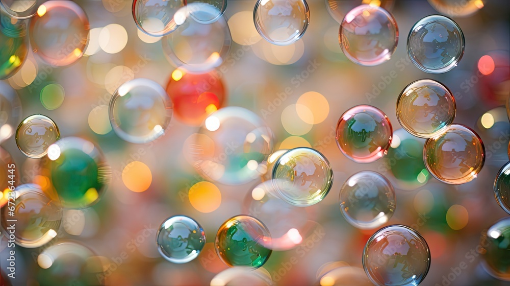 Poster a bunch of soap bubbles floating in the air with a lot of bubbles in the middle of the picture on a 