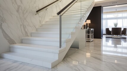White marble stairs on the first floor in luxury apartment 8k,