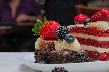 strawberry cake with cream, raspberry and strawberry