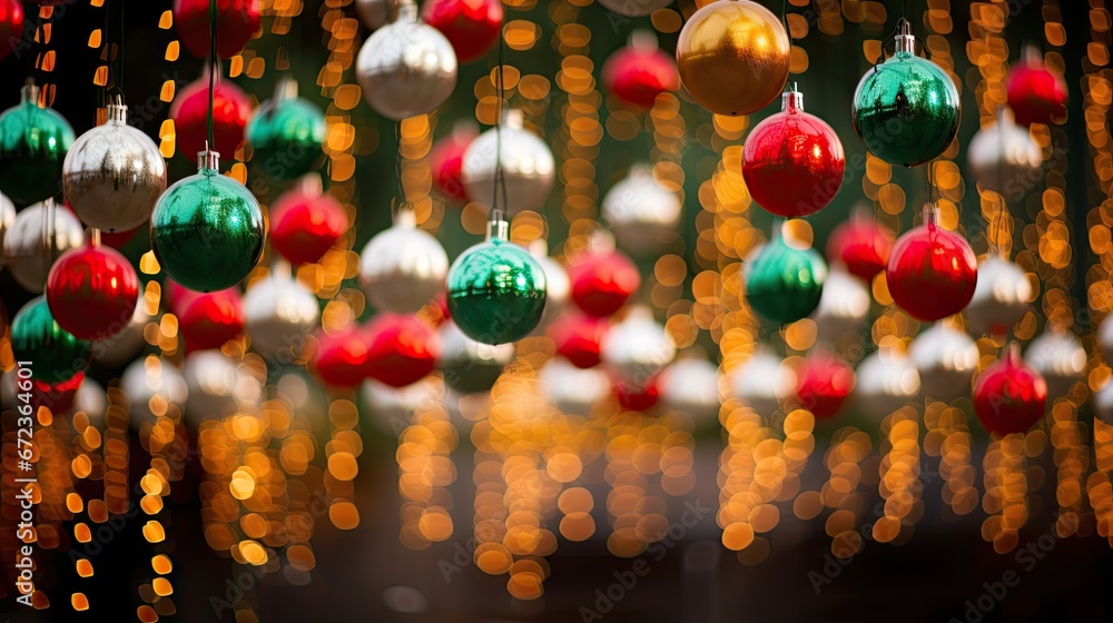 Poster a group of christmas ornaments hanging from strings in front of a christmas tree with lights in the 