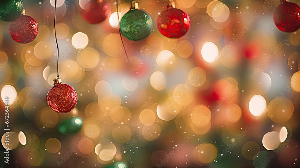 Aufkleber a group of christmas ornaments hanging from a string in front of a blurry background of boke of ligh