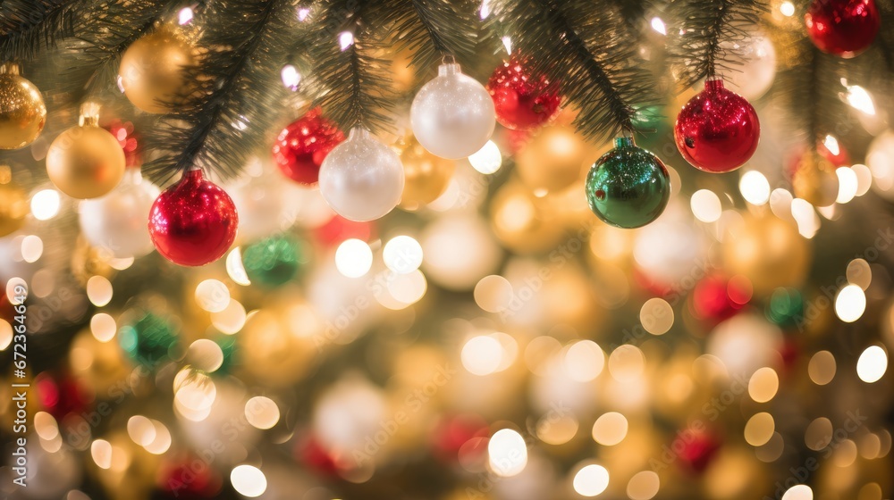 Poster a close up of a christmas tree with a lot of ornaments hanging from it's branches and lights in the 