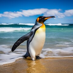 Big King penguin going to blue water Atlantic ocean in