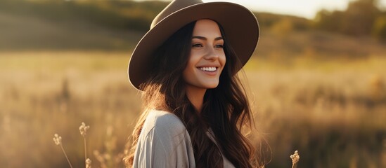 A joyful youthful woman with lengthy brunette locks wearing fashionable attire and a hat grinning while positioned outdoors during daytime - obrazy, fototapety, plakaty