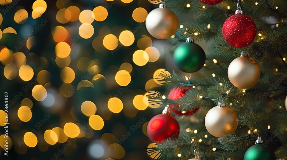 Poster a close up of a christmas tree with a lot of ornaments hanging from it's branches and lights in the 