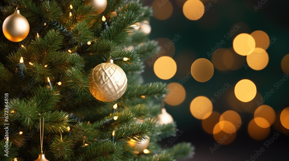 Poster a close up of a christmas tree with a lot of lights in the background and a gold ornament hanging fr