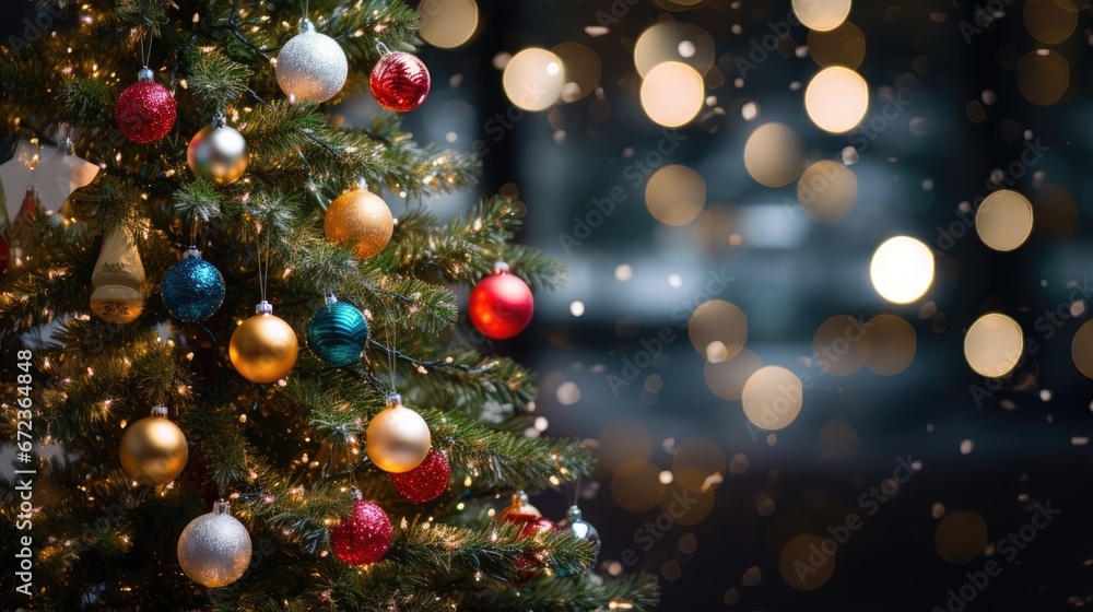 Poster a close up of a christmas tree with a lot of ornaments hanging from it's branches and lights in the 