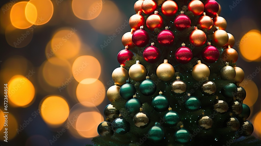Poster a close up of a christmas tree with many ornaments on it and a blurry background of lights in the ba