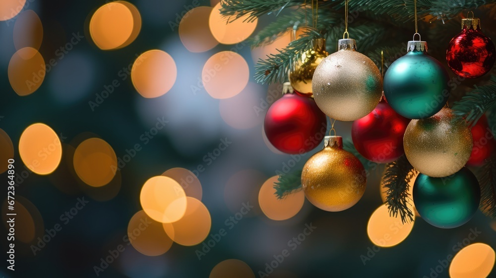 Poster a close up of a christmas tree with ornaments hanging from it's branches and blurred lights in the b