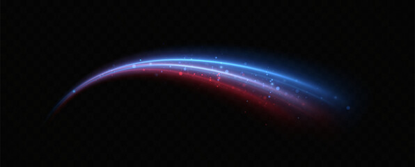 Neon red and blue speed lines. Speed ​​of acceleration and movement. Light trails, motion blur effect. Night illumination in blue and red.