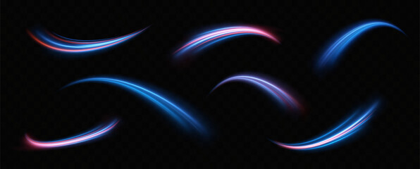 Neon red and blue speed lines. Speed ​​of acceleration and movement. Light trails, motion blur effect. Night illumination in blue and red.