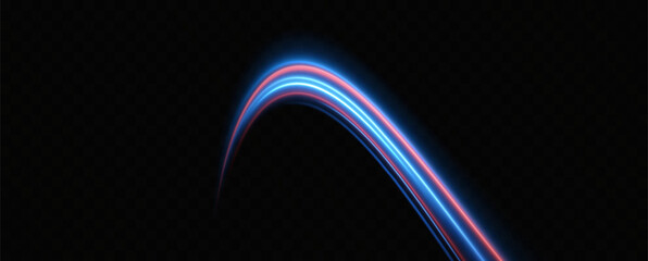 Neon red and blue speed lines. Speed ​​of acceleration and movement. Light trails, motion blur effect. Night illumination in blue and red.