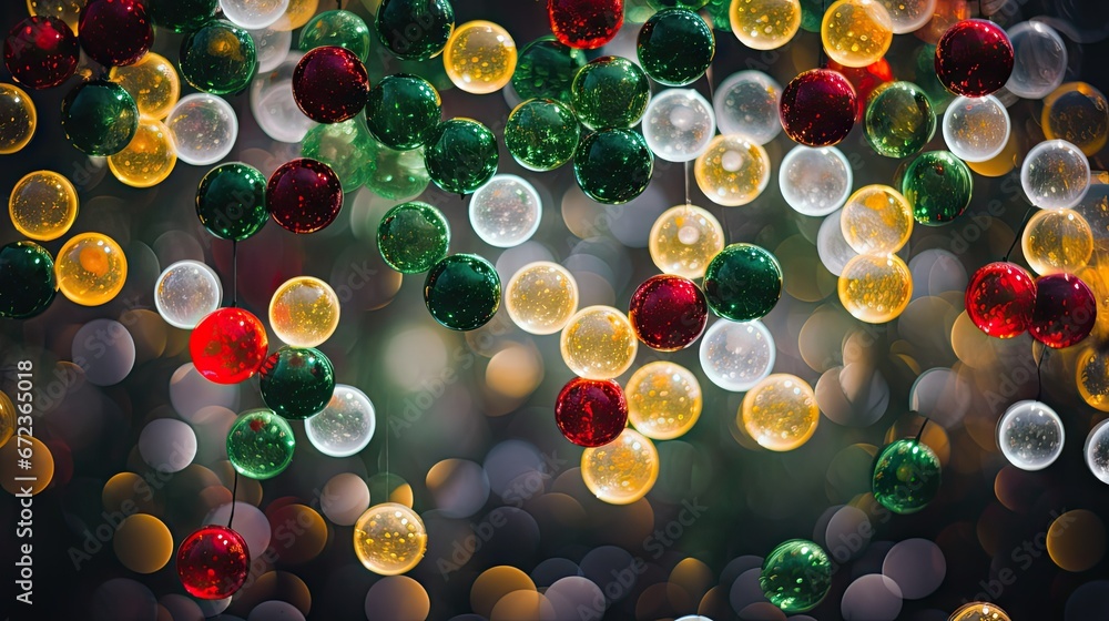 Poster a close up of a bunch of bubbles floating in the air with a blurry background of lights in the backg