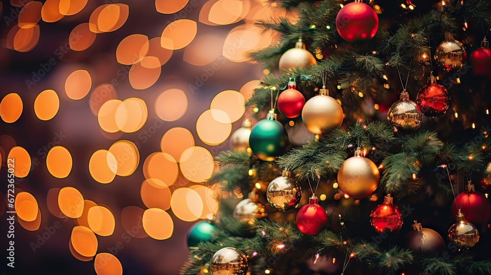 Poster a close up of a christmas tree with a lot of ornaments on it and a blurry background of lights. gene