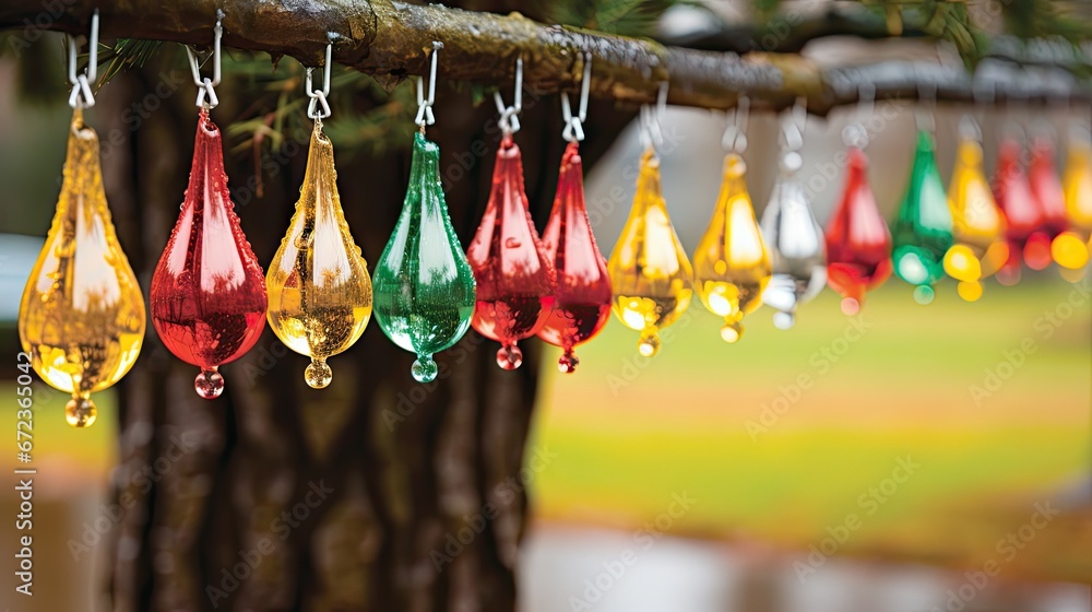 Poster a close up of a tree with a bunch of different colored drops hanging from it's branches in front of 