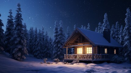 Wooden cottage at night in forest in winter. White snow around wooden house at night. Light goes...