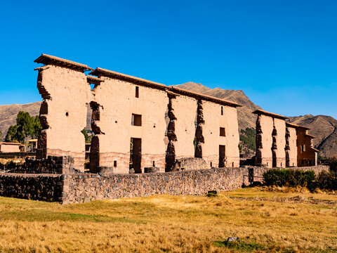 Amazing view of the central wall of the Temple of Wiracocha, Raqchi archaeological site, Cusco region, Peru
