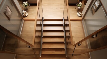 Wooden staircase with glass railings and wooden handrail. View from above 8k,