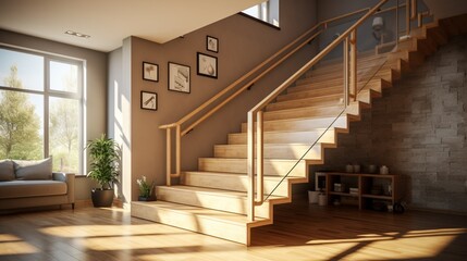 wooden modern stairs and railing 8k,