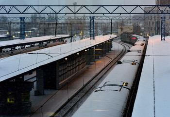 Naklejka premium Railway station, winter view from above. Snow.