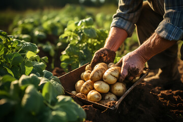 Agricultor recolectando patatas - obrazy, fototapety, plakaty