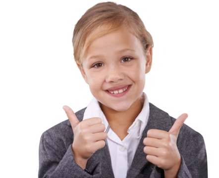 Happy girl, portrait and thumbs up for school, education or learning isolated on a transparent PNG background. Female person, young child or kid smile with like emoji, yes sign or ok for good job