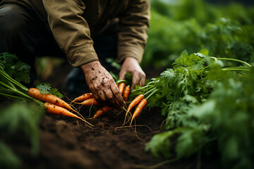 Agricultor recolectando zanahorias - obrazy, fototapety, plakaty