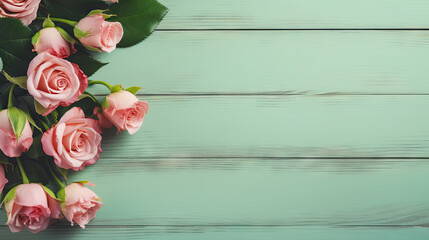  a bouquet of pink roses on a green wooden background with copy space.  generative ai